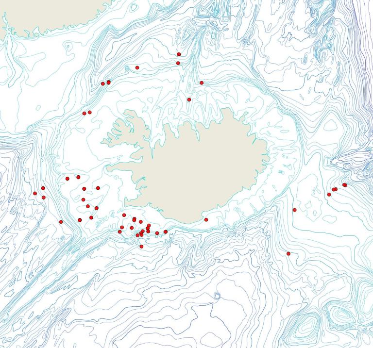 Útbreiðsla Kinetoskias smitti(Bioice samples, red dots)
