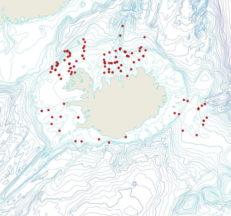 Útbreiðsla Tricellaria gracilis(Bioice samples, red dots)