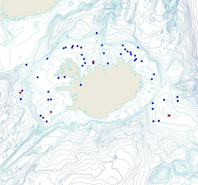 Útbreiðsla /distribution <em>Polymastia hemisphaerica</em>. (Bioice samples red dots; MFRI samples blue dots)