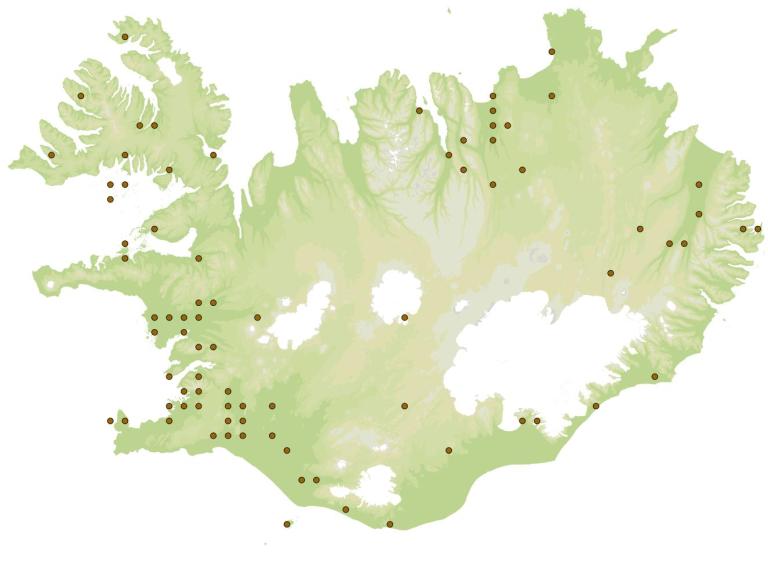 Trjágeitungur (Dolichovespula norwegica) - fundarstaðir samkvæmt eintökum í safni Náttúrufræðistofnunar Íslands