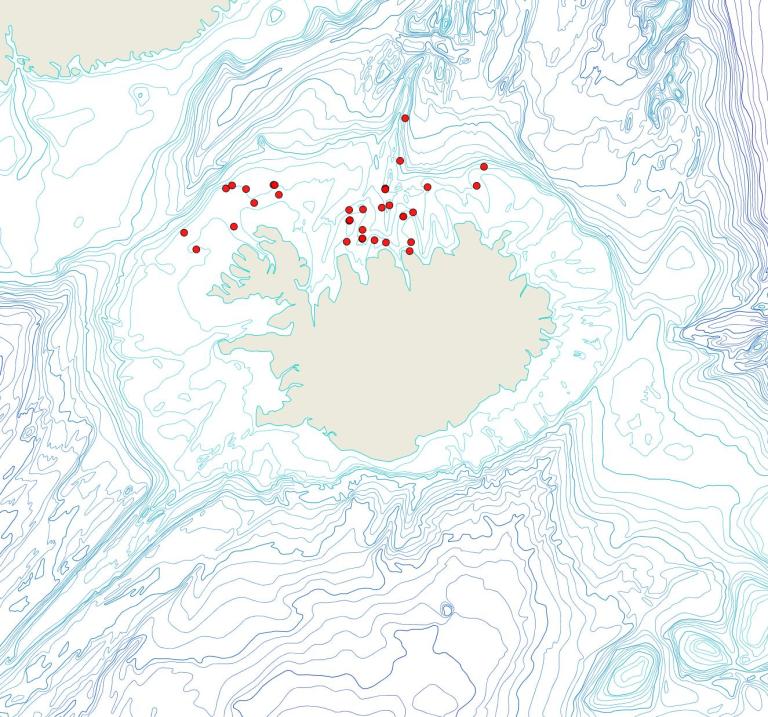 Útbreiðsla Rhamphostomella scabra(Bioice samples, red dots)