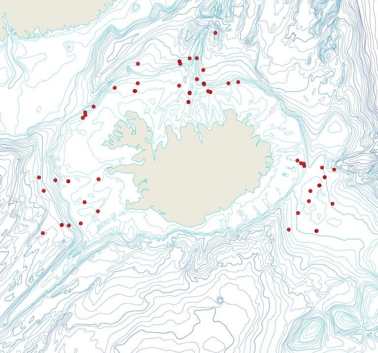 Útbreiðsla Escharoides jacksonii(Bioice samples, red dots)