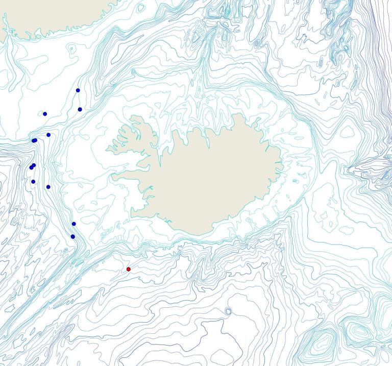 Útbreiðsla /distribution <em>Geodia atlantica</em>. (Bioice samples red dots; MFRI samples blue dots)