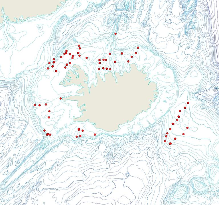 Útbreiðsla Porella struma(Bioice samples, red dots)