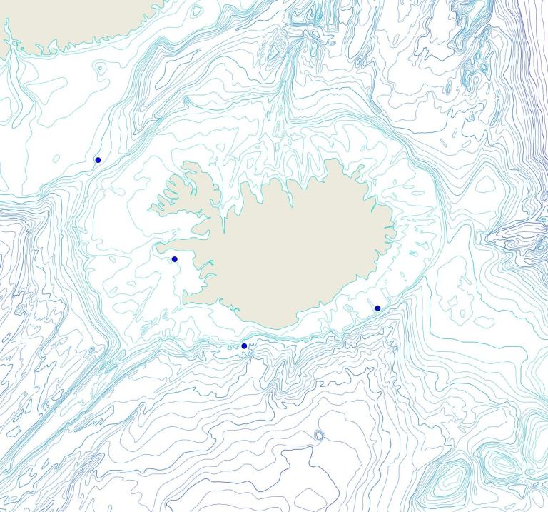 Útbreiðsla /distribution <em>Tethya aurantium</em>. (Bioice samples red dots; MFRI samples blue dots)