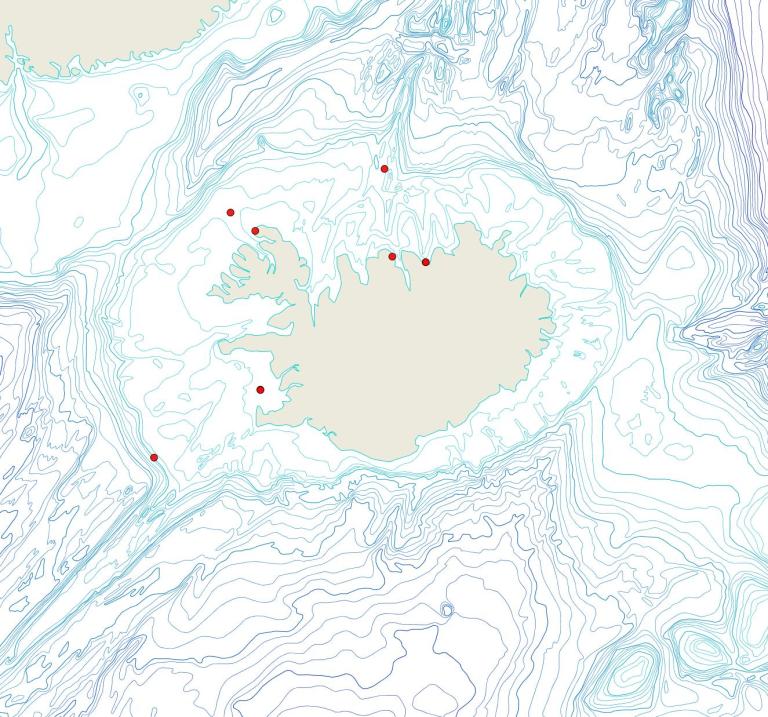 Útbreiðsla Celleporella hyalina(Bioice samples, red dots)