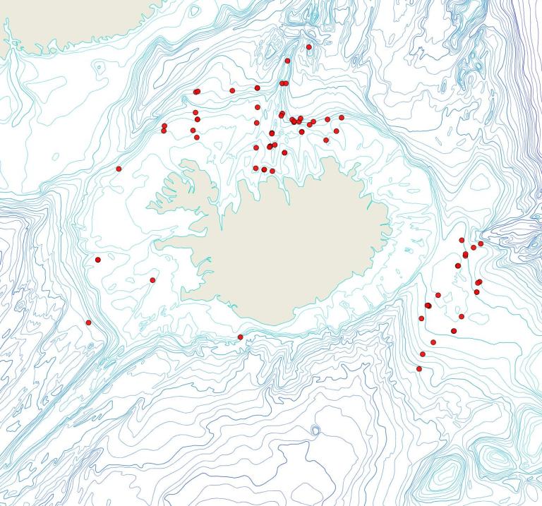 Útbreiðsla Escharella labiata(Bioice samples, red dots)