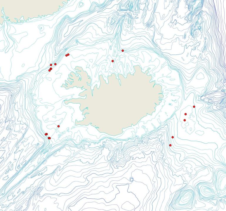 Útbreiðsla Escharina alderi(Bioice samples, red dots)