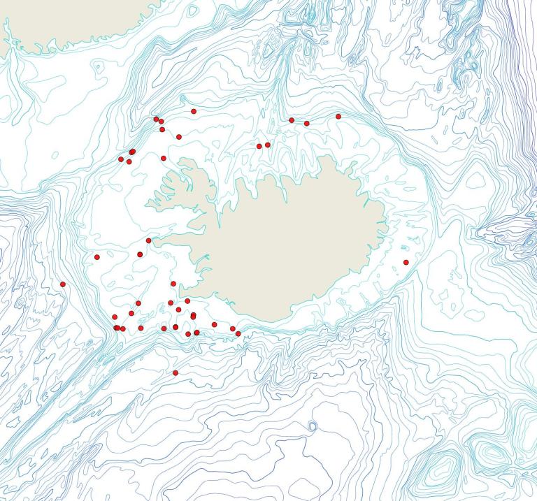 Útbreiðsla Plagioecia patina(Bioice samples, red dots)