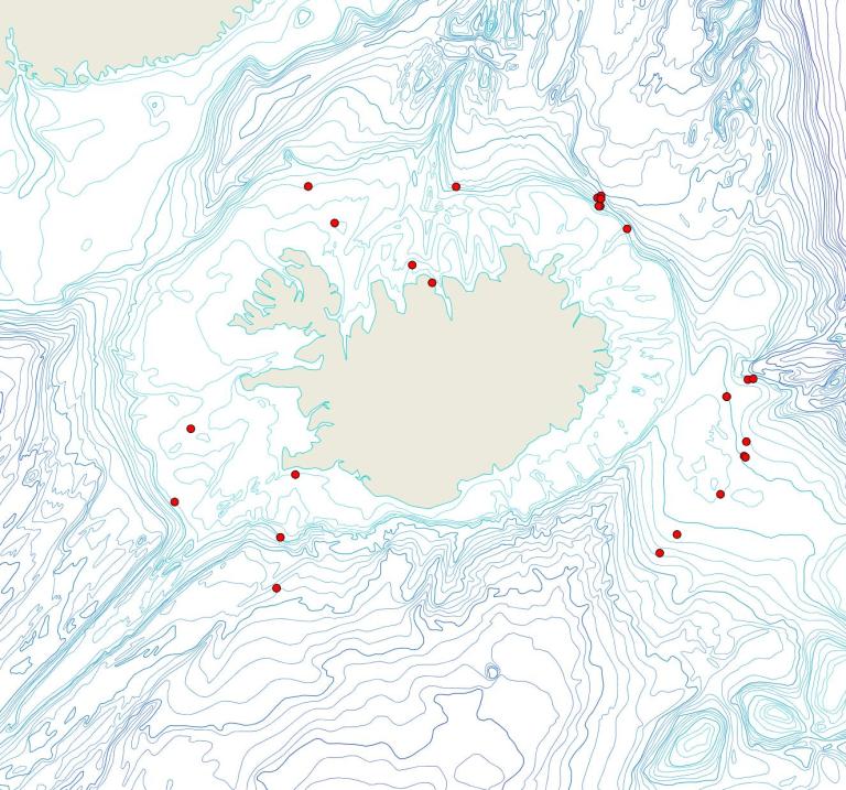 Útbreiðsla /distribution <em>Mycale sp.</em>. (Bioice samples red dots; MFRI samples blue dots)