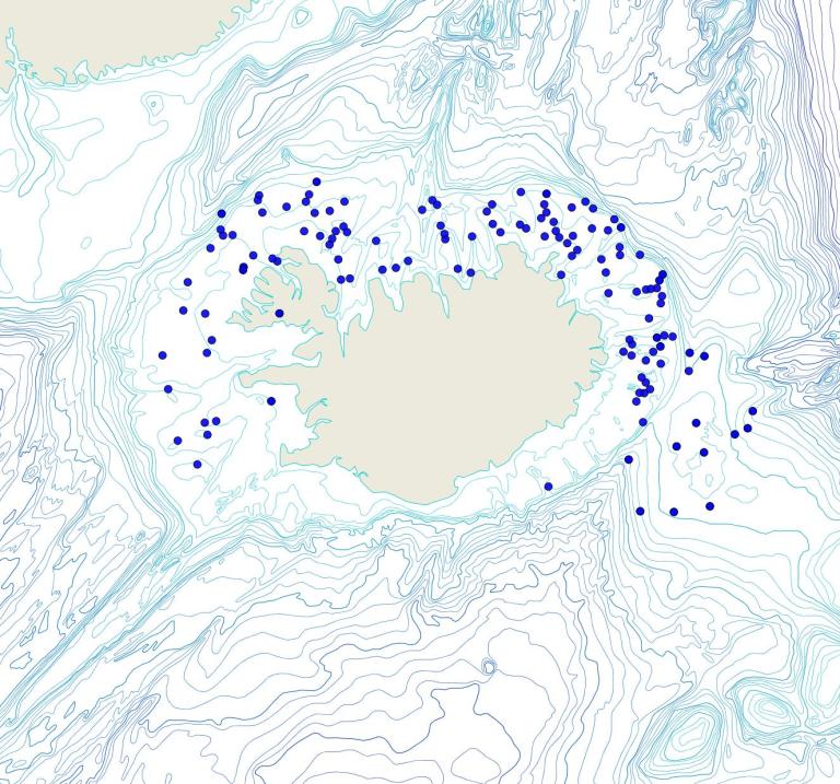 Útbreiðsla /distribution <em>Polymastia uberrima</em>. (Bioice samples red dots; MFRI samples blue dots)