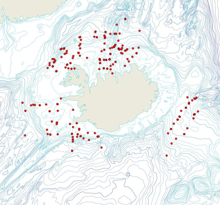 Útbreiðsla Exidmonea atlantica(Bioice samples, red dots)