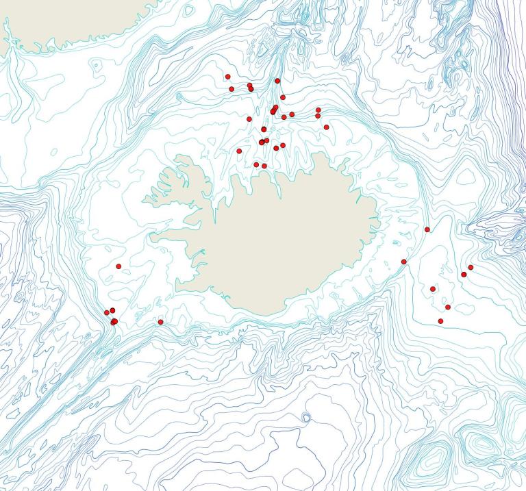 Útbreiðsla Turbicellepora nodulosa(Bioice samples, red dots)