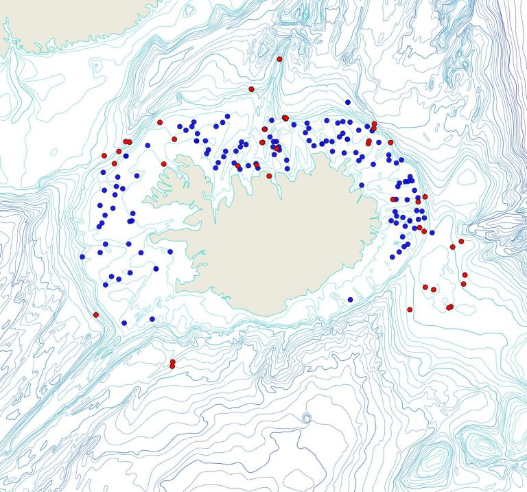 Útbreiðsla /distribution <em>Tetilla sp.</em>. (Bioice samples red dots; MFRI samples blue dots)