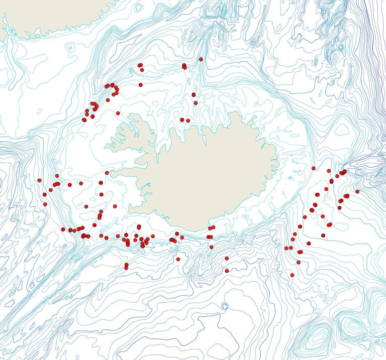 Útbreiðsla Bicellarina alderi(Bioice samples, red dots)