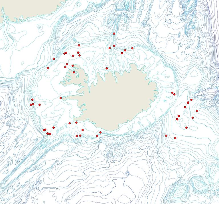 Útbreiðsla Disporella hispida(Bioice samples, red dots)