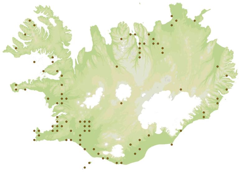 Randasveifa (Helophilus pendulus) - fundarstaðir samkvæmt eintökum í safni Náttúrufræðistofnunar Íslands