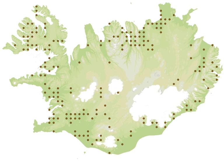 Móhumla (Bombus jonellus) - fundarstaðir samkvæmt eintökum í safni Náttúrufræðistofnunar Íslands