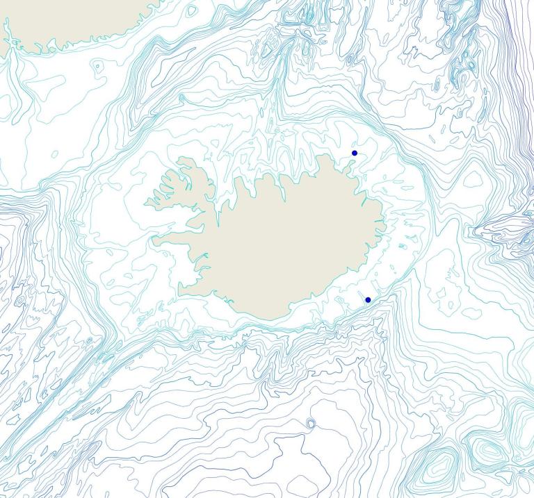 Útbreiðsla /distribution <em>Hymedesmia (Stylopus) coriacea</em>. (Bioice samples red dots; MFRI samples blue dots)