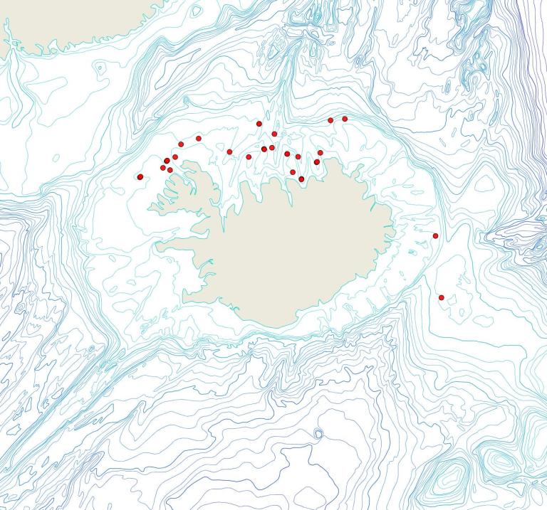 Útbreiðsla Cystisella saccata(Bioice samples, red dots)