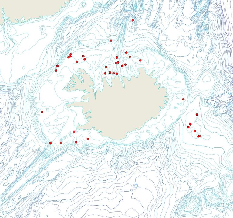 Útbreiðsla Palmiskenea skenei(Bioice samples, red dots)