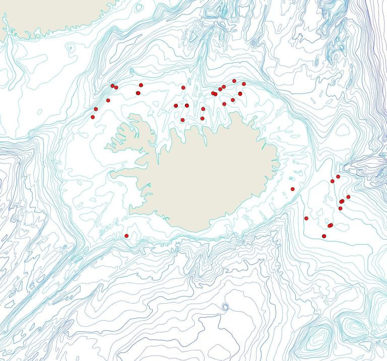 Útbreiðsla Kinetoskias arborescens(Bioice samples, red dots)