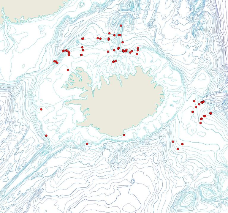 Útbreiðsla Notoplites evocatus(Bioice samples, red dots)