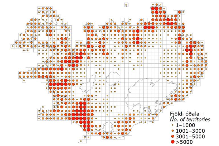 Þúfutittlingur: útbreiðsla og reiknaður fjöldi óðala í hverjum 10×10 km reit