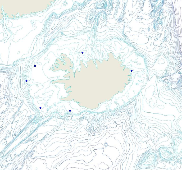Útbreiðsla /distribution <em>Myxilla (Myxilla) fimbriata</em>. (Bioice samples red dots; MFRI samples blue dots)