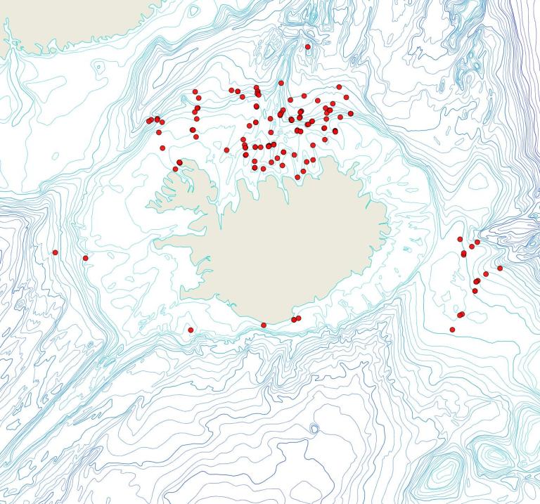 Útbreiðsla Eucratea loricata(Bioice samples, red dots)