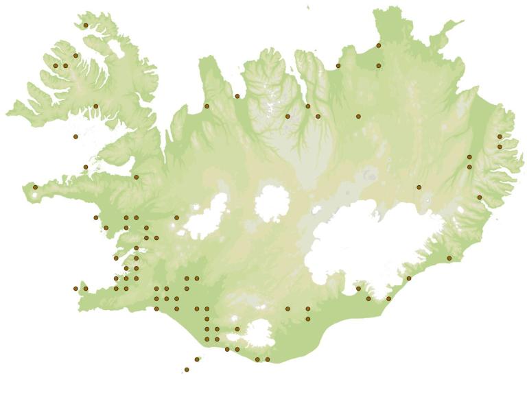 Húshumla (Bombus lucorum) - fundarstaðir samkvæmt eintökum í safni Náttúrufræðistofnunar Íslands