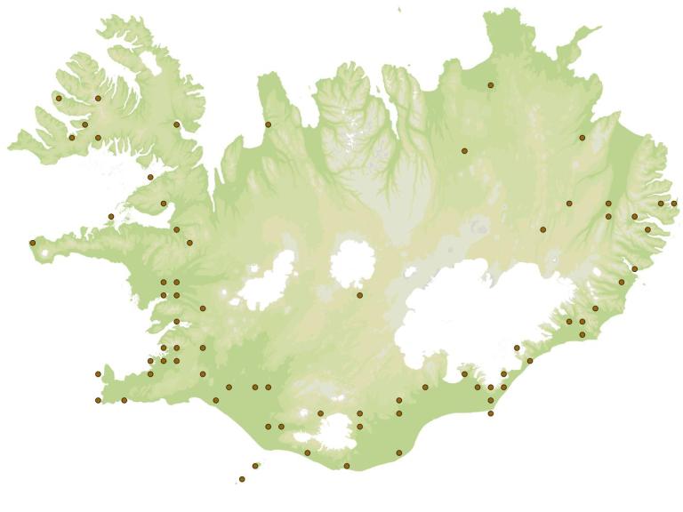 Grasygla (Cerapteryx graminis) - fundarstaðir samkvæmt eintökum í safni Náttúrufræðistofnunar Íslands