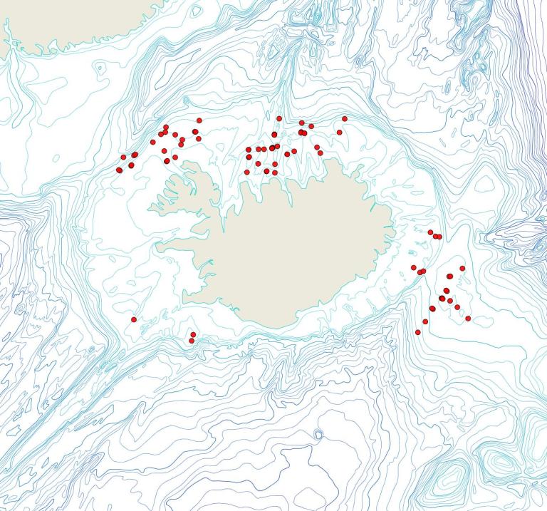 Útbreiðsla Leieschara coarctata(Bioice samples, red dots)