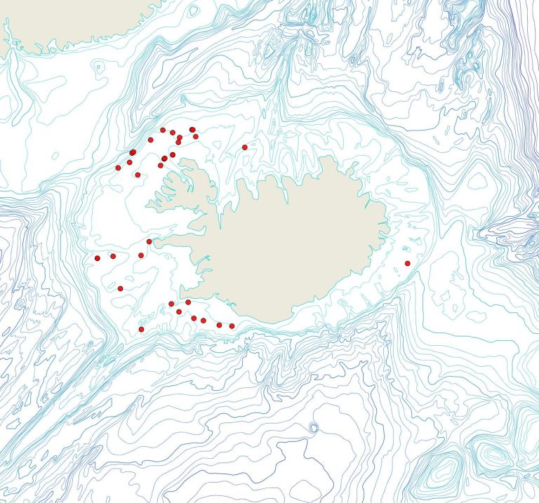 Útbreiðsla Cellaria fistulosa(Bioice samples, red dots)