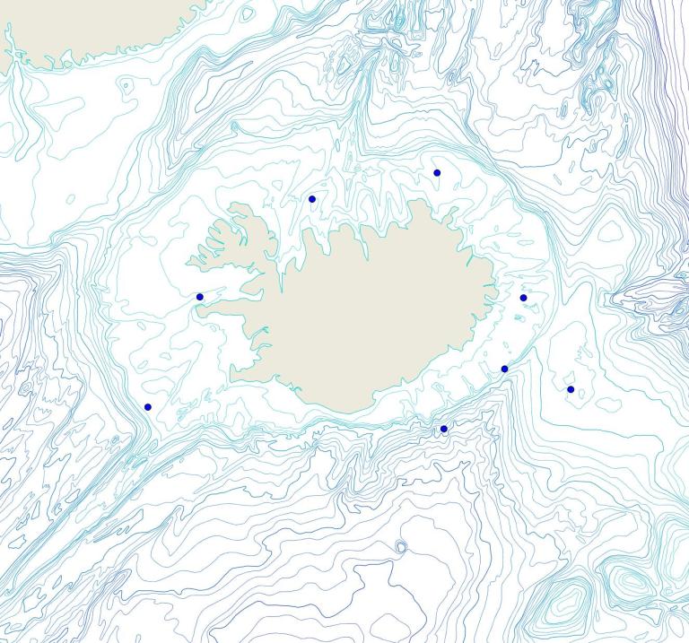 Útbreiðsla /distribution <em>Tedania (Tedania) suctoria</em>. (Bioice samples red dots; MFRI samples blue dots)