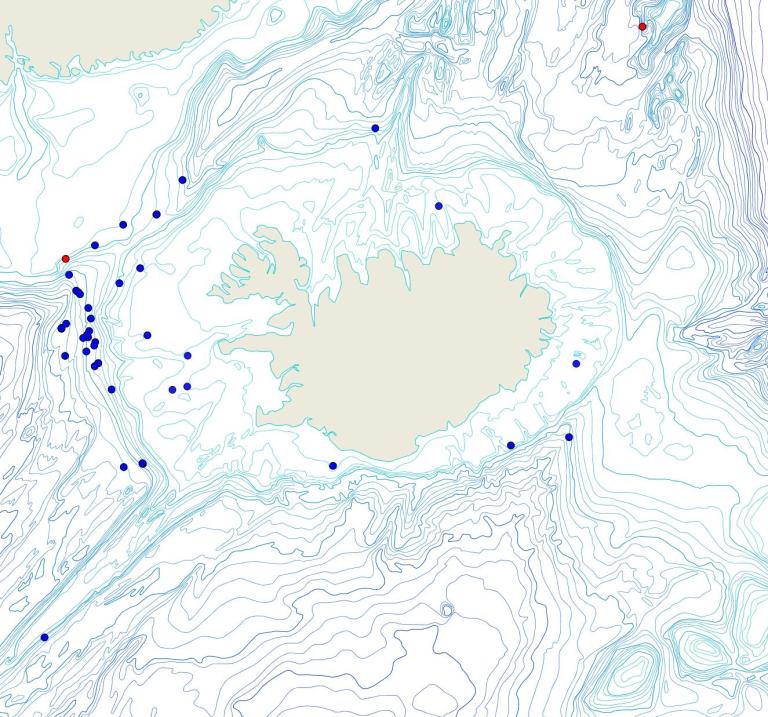 Útbreiðsla /distribution <em>Stelletta normani</em>. (Bioice samples red dots; MFRI samples blue dots)
