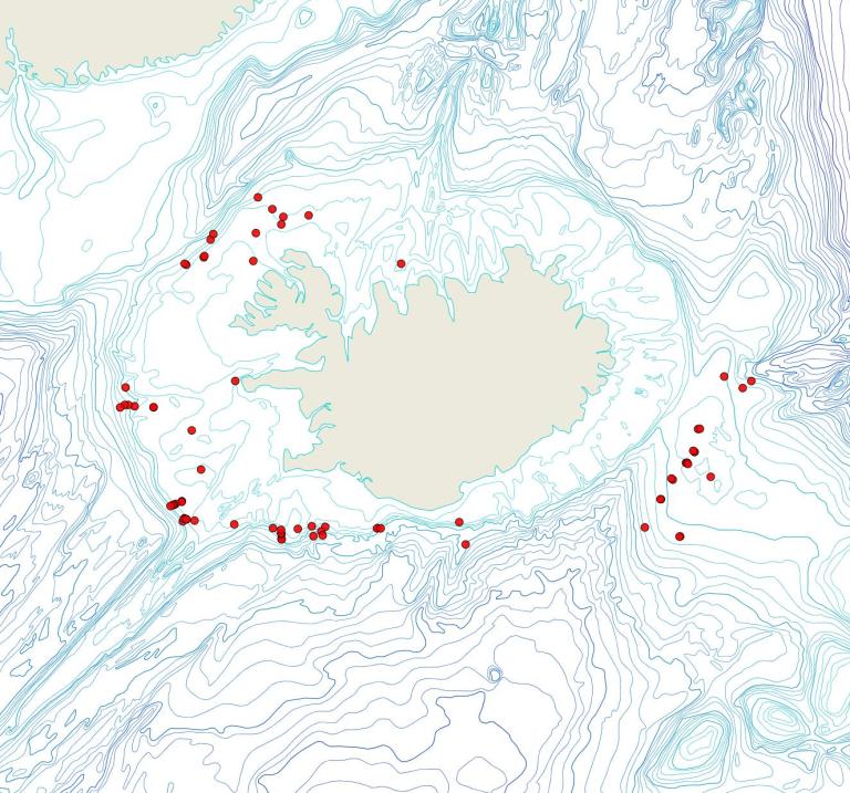 Útbreiðsla Terminoflustra barleei(Bioice samples, red dots)