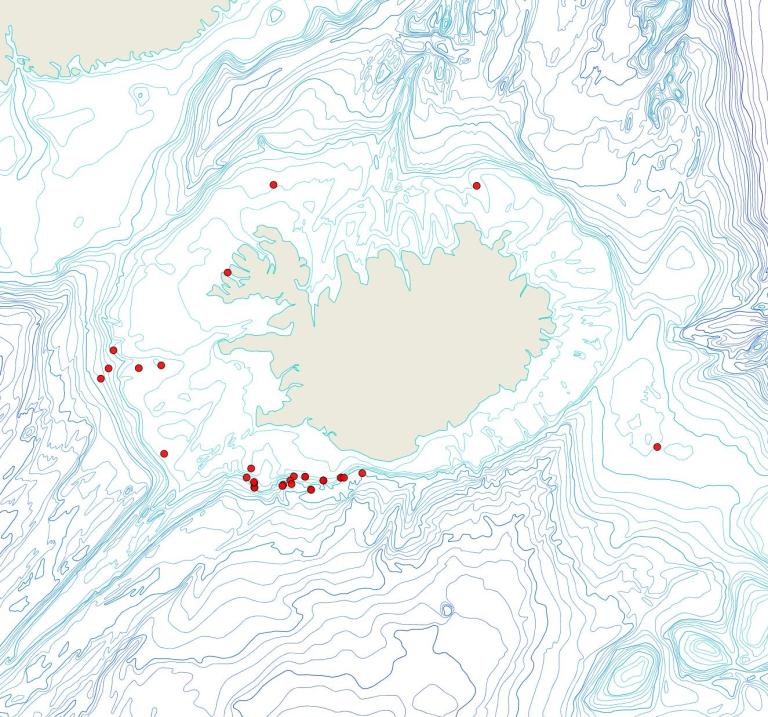 Útbreiðsla Nordgaardia pusilla(Bioice samples, red dots)