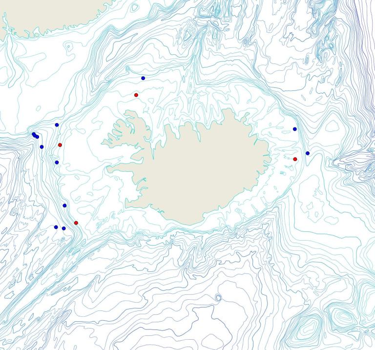 Útbreiðsla /distribution <em>Homaxinella sp.</em>. (Bioice samples red dots; MFRI samples blue dots)
