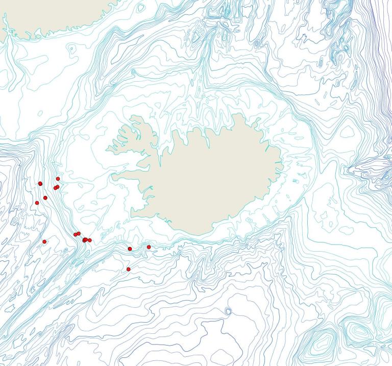 Útbreiðsla Beania thula(Bioice samples, red dots)