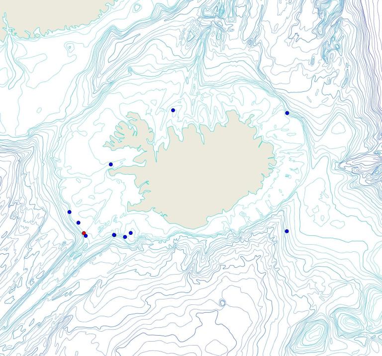 Útbreiðsla /distribution <em>Quasillina brevis</em>. (Bioice samples red dots; MFRI samples blue dots)