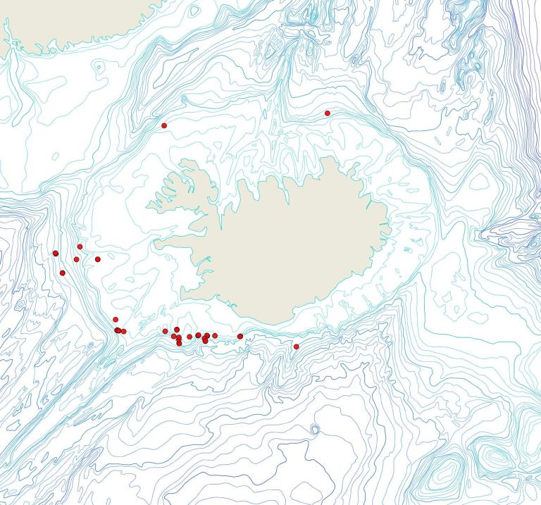 Útbreiðsla Notoplites jeffreysii(Bioice samples, red dots)