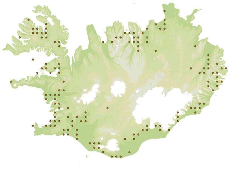 Mófeti (Eupithecia satyrata) - fundarstaðir samkvæmt eintökum í safni Náttúrufræðistofnunar Íslands