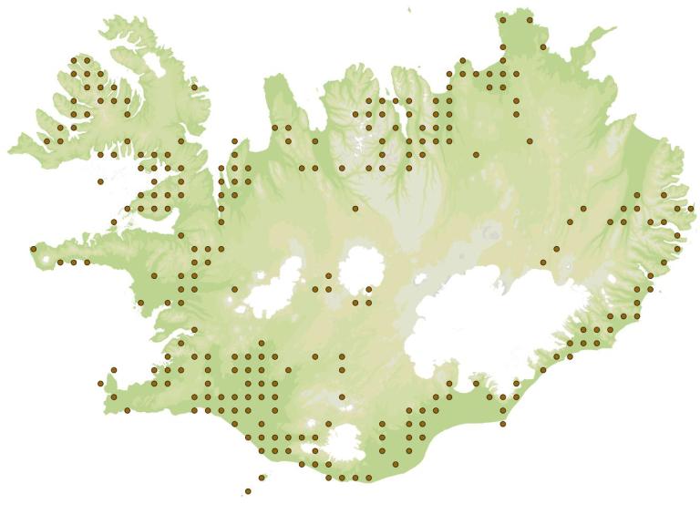 Túnfeti (Xanthorhoe decoloraria) - fundarstaðir samkvæmt eintökum í safni Náttúrufræðistofnunar Íslands