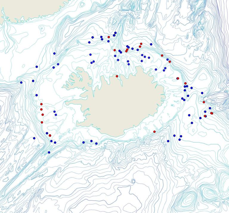 Útbreiðsla /distribution <em>Stylocordyla borealis</em>. (Bioice samples red dots; MFRI samples blue dots)