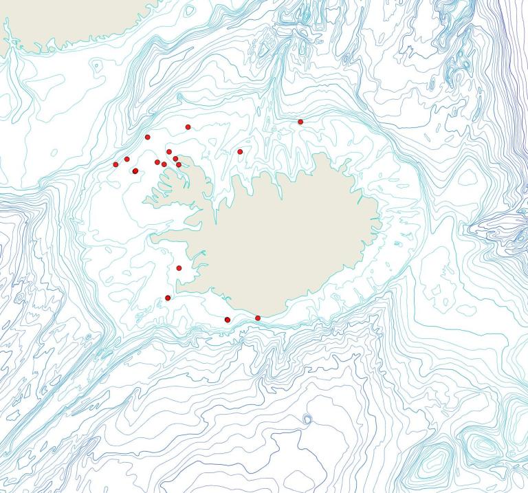 Útbreiðsla Tricellaria ternata(Bioice samples, red dots)