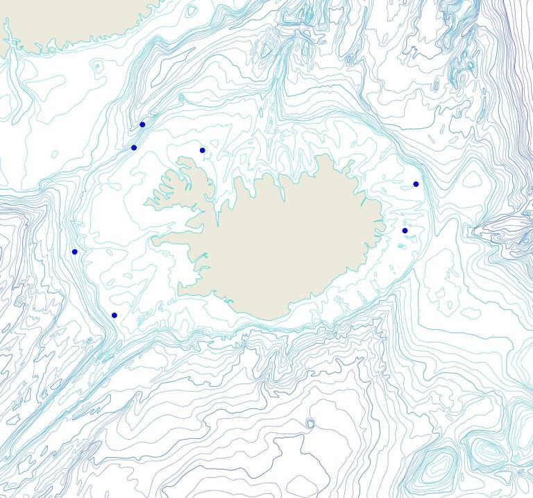 Útbreiðsla /distribution <em>Lissodendoryx (Ectyodoryx) diversichela</em>. (Bioice samples red dots; MFRI samples blue dots)