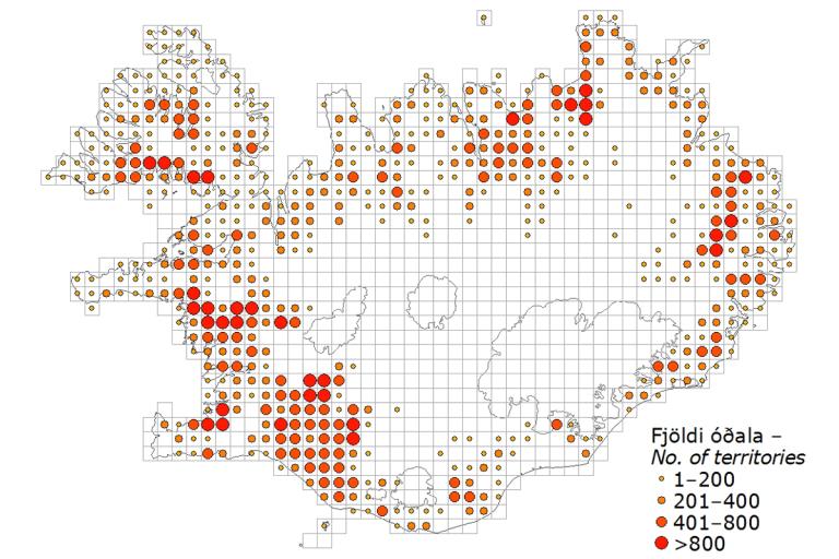 Skógarþröstur: útbreiðsla og reiknaður fjöldi óðala í hverjum 10×10 km reit
