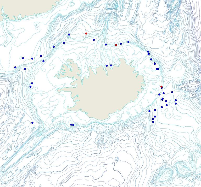 Útbreiðsla /distribution <em>Polymastia sp.</em>. (Bioice samples red dots; MFRI samples blue dots)