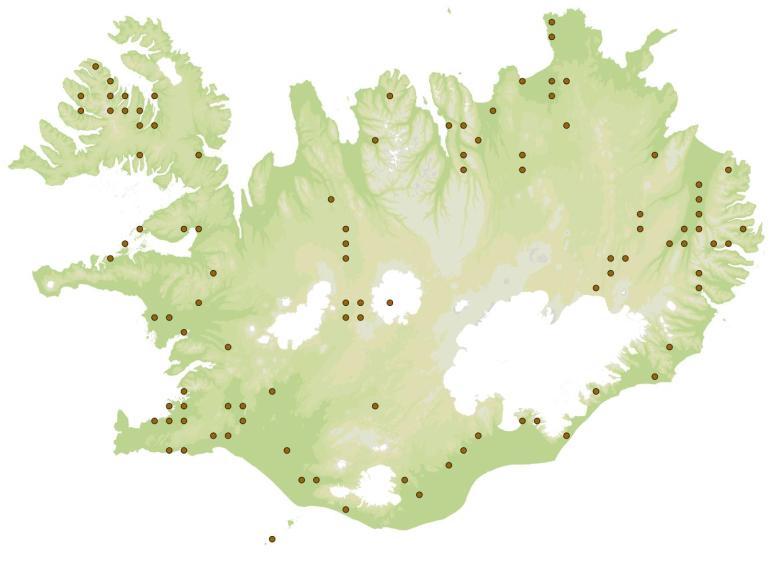 Birkifeti (Rheumaptera hastata) - fundarstaðir samkvæmt eintökum í safni Náttúrufræðistofnunar Íslands Birkifeti (Rheumaptera hastata) - fundarstaðir samkvæmt eintökum í safni Náttúrufræðistofnunar Íslands